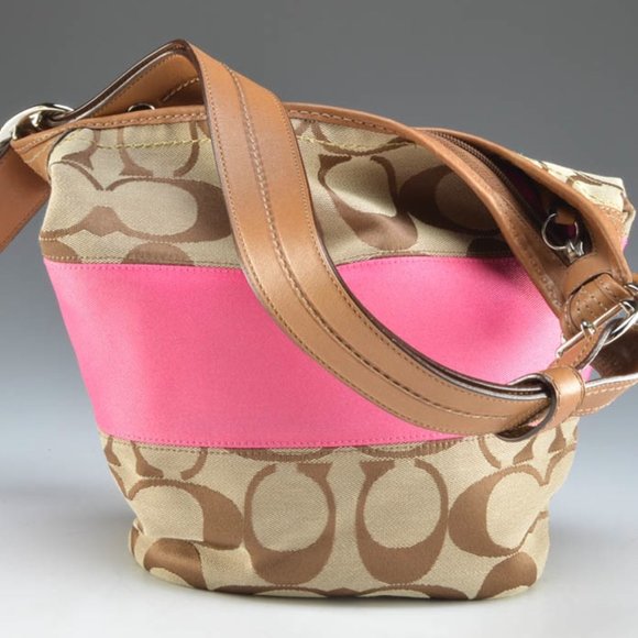 NWT Coach Signature Rugby Duffle with Pink Stripe in Khaki - Picture 1 of 9